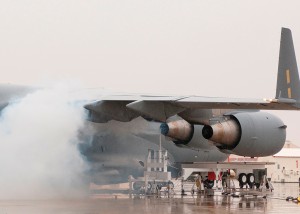 Volcanic ash is sprayed into one of the F117 engines of a C-17 during the final phase of the Vehicle Integrated Propulsion Research (VIPR) project July 9 at Edwards. The VIPR team, comprised of NASA employees, U.S. Air Force employees and multiple agencies and companies, will demonstrate engine advanced health management and diagnose potential engine faults regarding volcanic ash intake. (NASA AFRC photo by Tom Tschida)